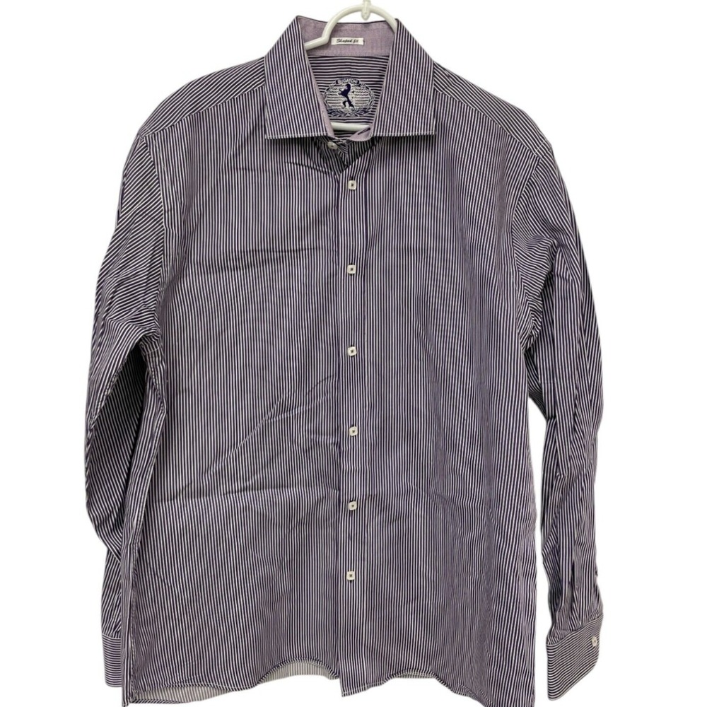 Bugatchi Shaped Fit Striped Dress Shirt Long Sleeve Button Up Size L Purple